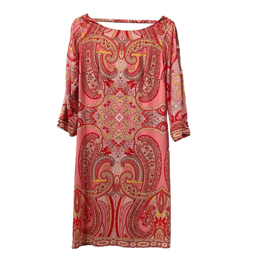 Sandra Darren Dress Red Orange Paisley Shift Size 10 Boat Neck 3/4 Sleeve